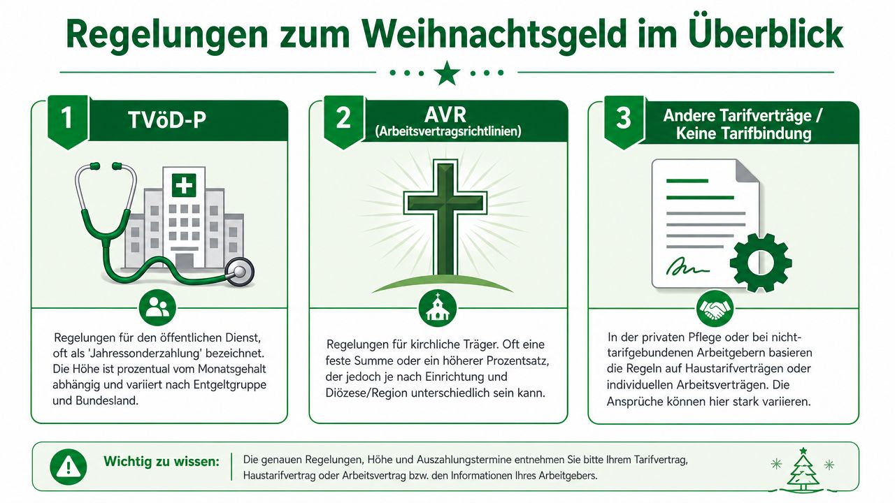 Eine Übersichtsgrafik zu den Regelungen für Weihnachtsgeld in der Pflege nach verschiedenen Tarifvertragsarten und Arbeitgebern.
