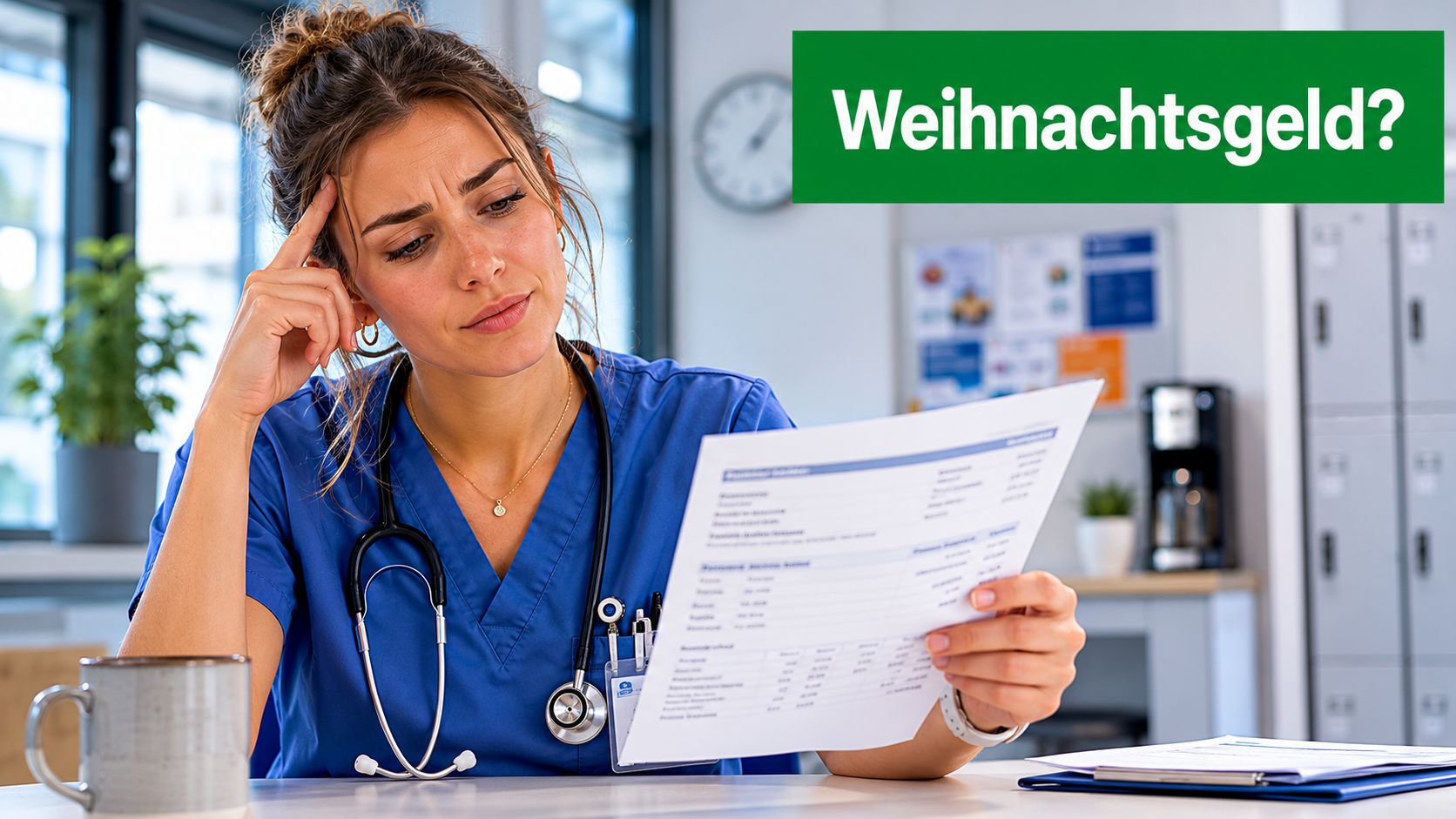 Eine besorgte Krankenschwester sitzt am Schreibtisch und prüft kritisch ihre Gehaltsabrechnung bezüglich des Weihnachtsgeldes.