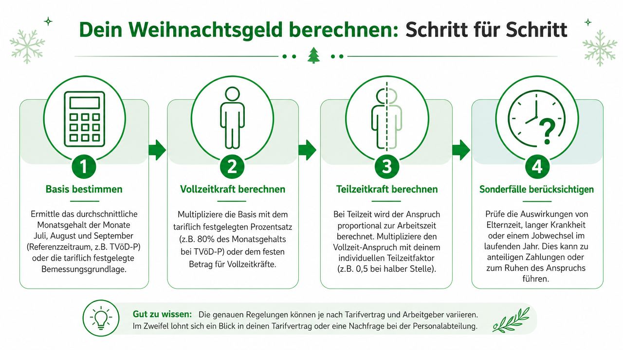 Eine Infografik mit vier Schritten zur Berechnung des Weihnachtsgeldes im Pflegebereich für Angestellte.