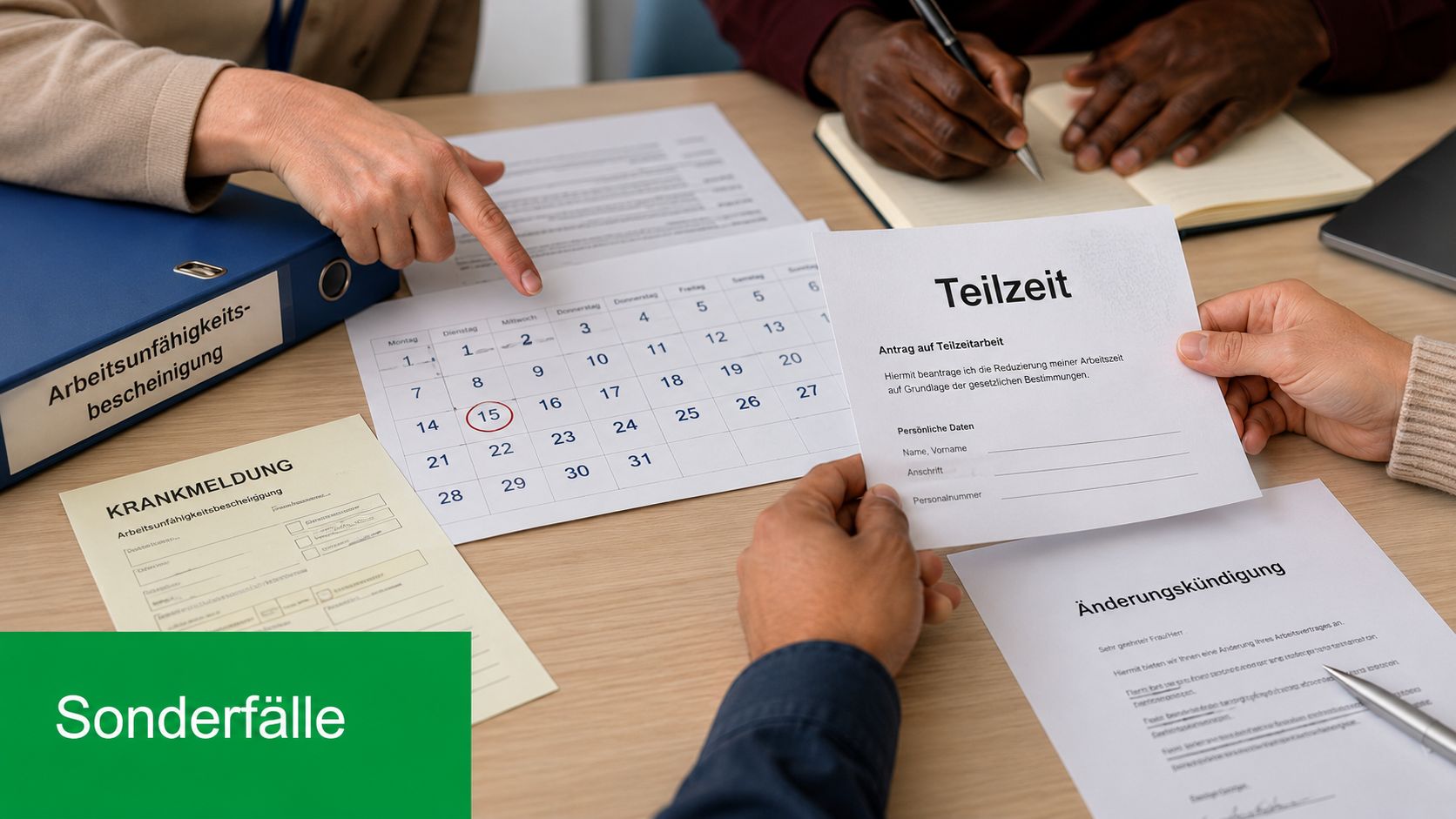 Verschiedene Dokumente zur Urlaubs- und Arbeitsplanung liegen auf einem Schreibtisch während einer beruflichen Besprechung aus.
