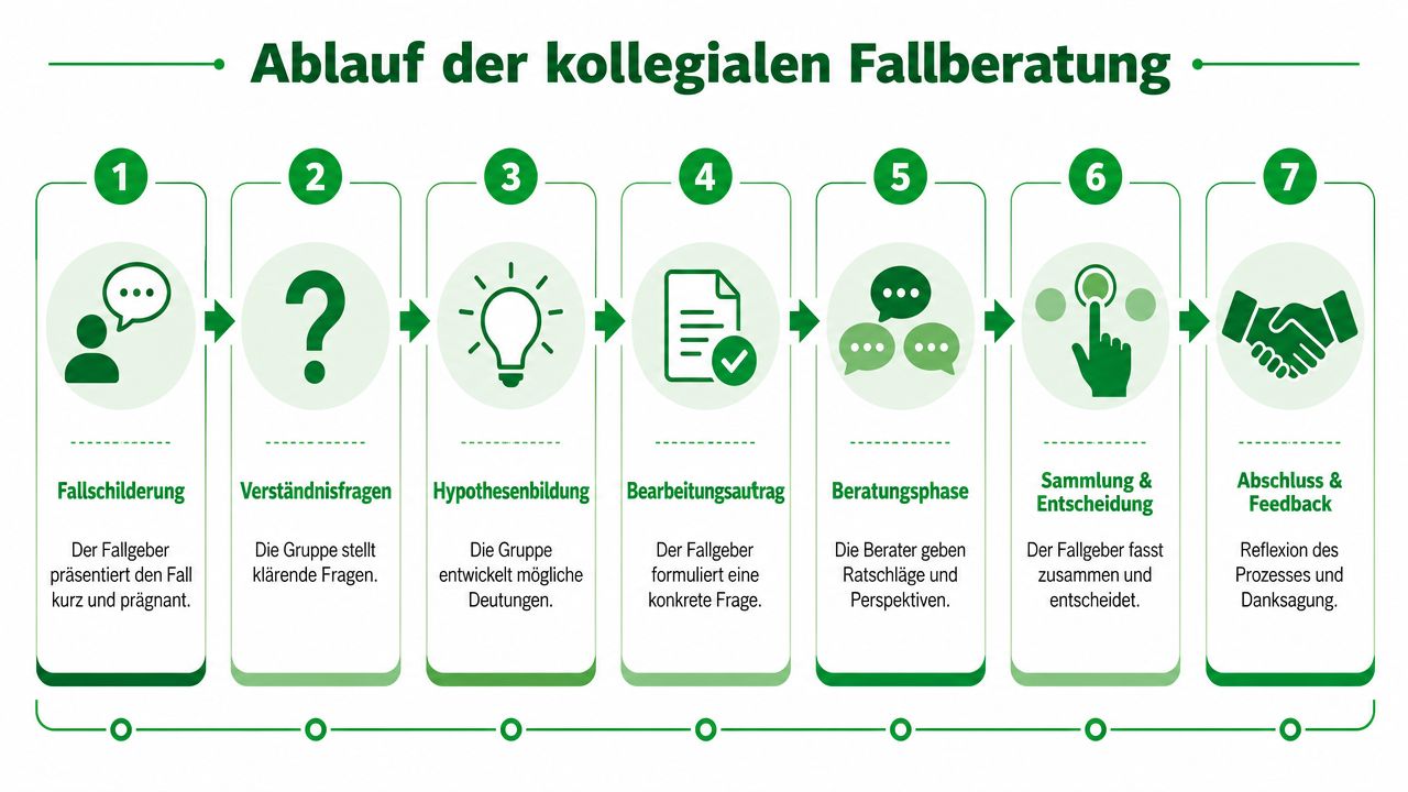 Grafische Darstellung des siebenstufigen Ablaufs einer kollegialen Fallberatung mit Symbolen und kurzen Erläuterungen der einzelnen Phasen.