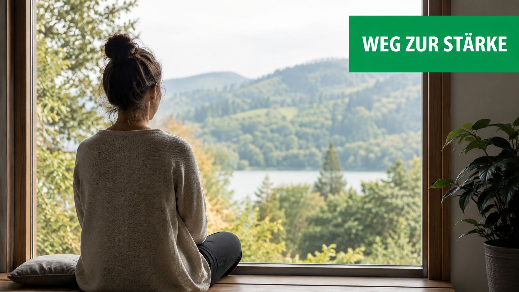 Eine Frau sitzt entspannt am Fenster und blickt auf eine ruhige Waldlandschaft mit einem See.