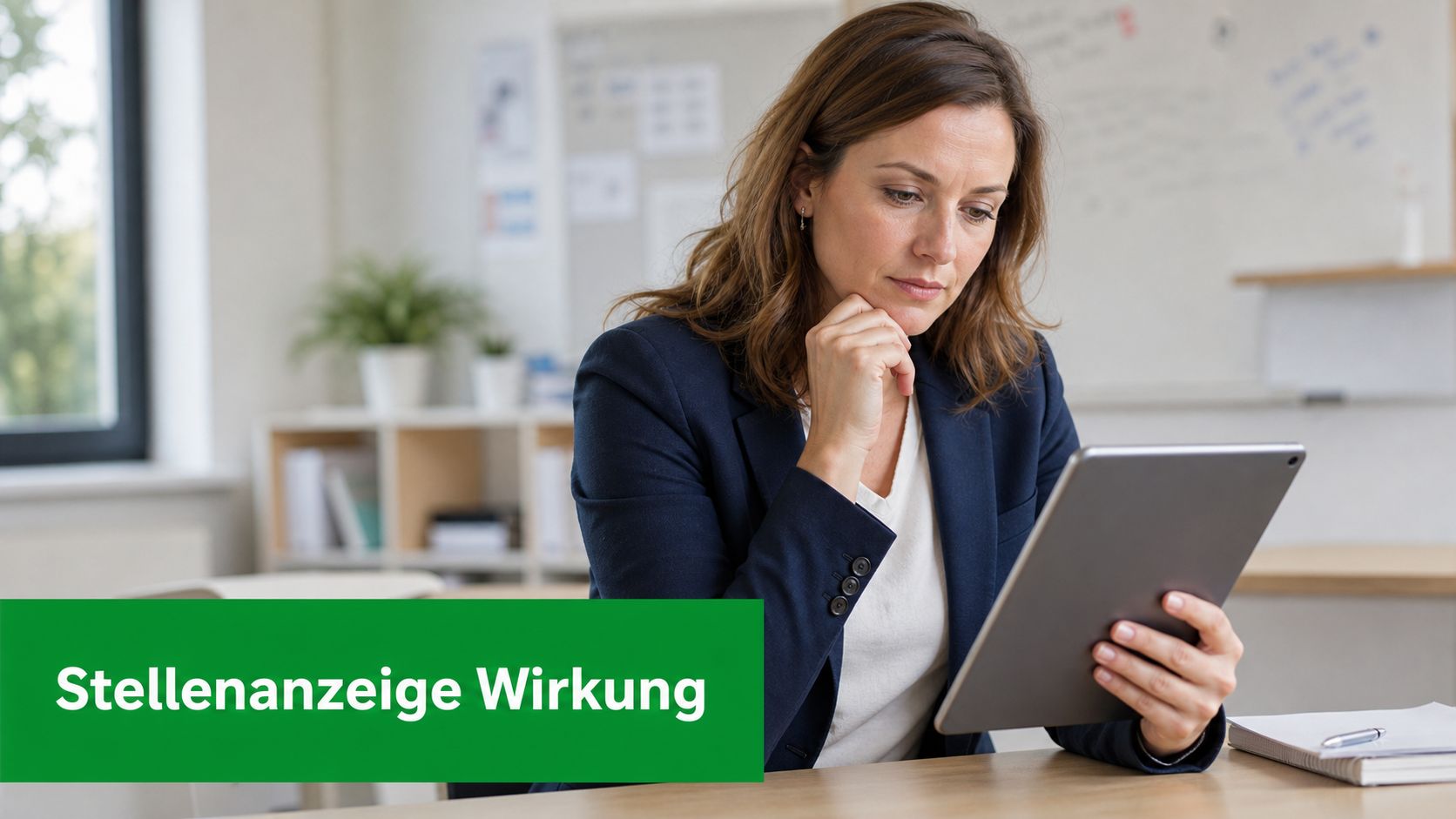 Eine professionelle Frau in einem Büro betrachtet konzentriert die Ergebnisse einer Stellenanzeige auf einem Tablet-Computer.