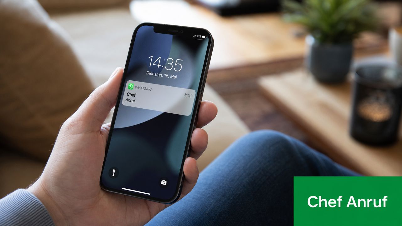 Ein Smartphone in einer Hand zeigt eine WhatsApp-Benachrichtigung mit dem Text 'Chef Anruf' auf dem Sperrbildschirm.