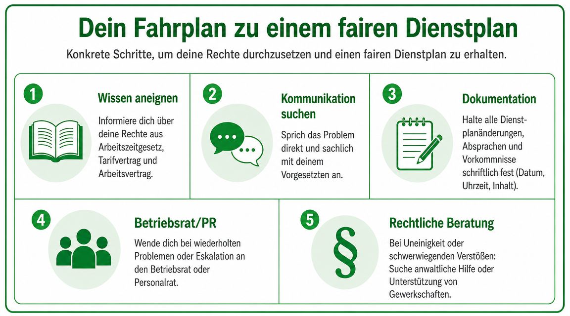 Eine Infografik mit fünf Schritten, um Arbeitnehmerrechte bei der Dienstplangestaltung zu verstehen und durchzusetzen.