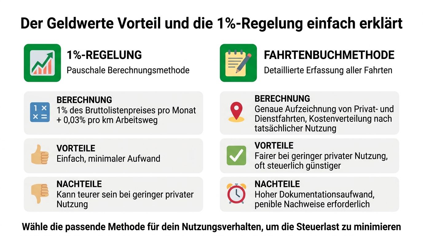 Vergleich zwischen der 1%-Regelung und der Fahrtenbuchmethode für die Besteuerung von Dienstwagen in Deutschland.