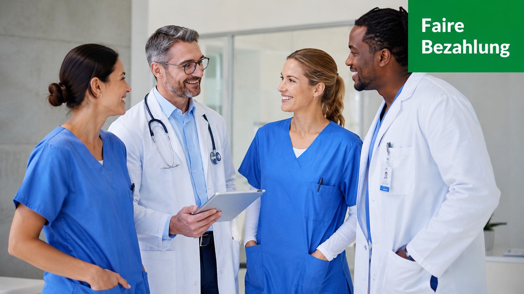 Ein diverses Team von medizinischem Fachpersonal im Krankenhaus spricht während einer gemeinsamen Besprechung über faire Bezahlung.