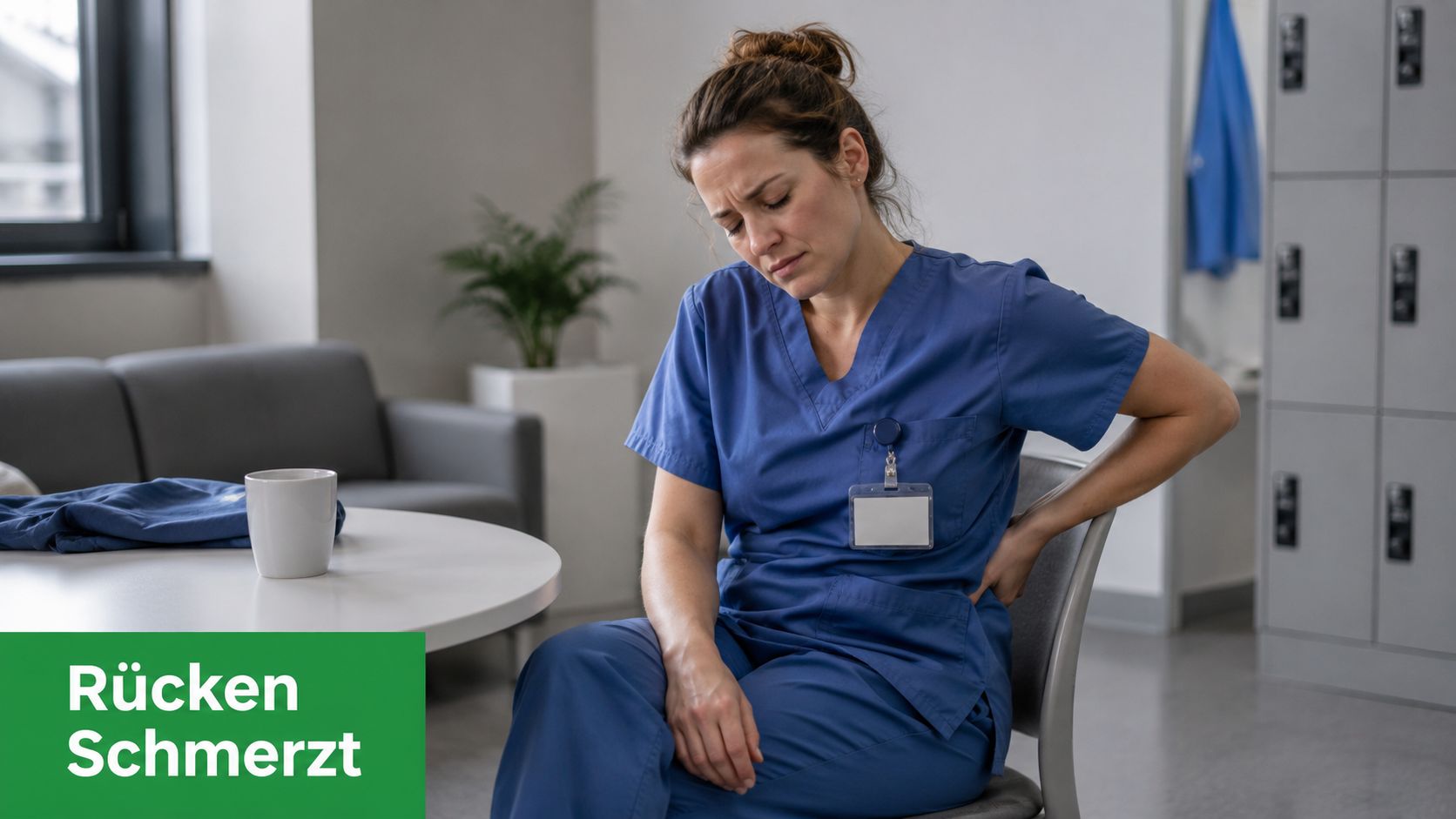 Eine erschöpfte Krankenschwester sitzt auf einem Stuhl und hält sich aufgrund von Rückenschmerzen den unteren Rückenbereich fest.
