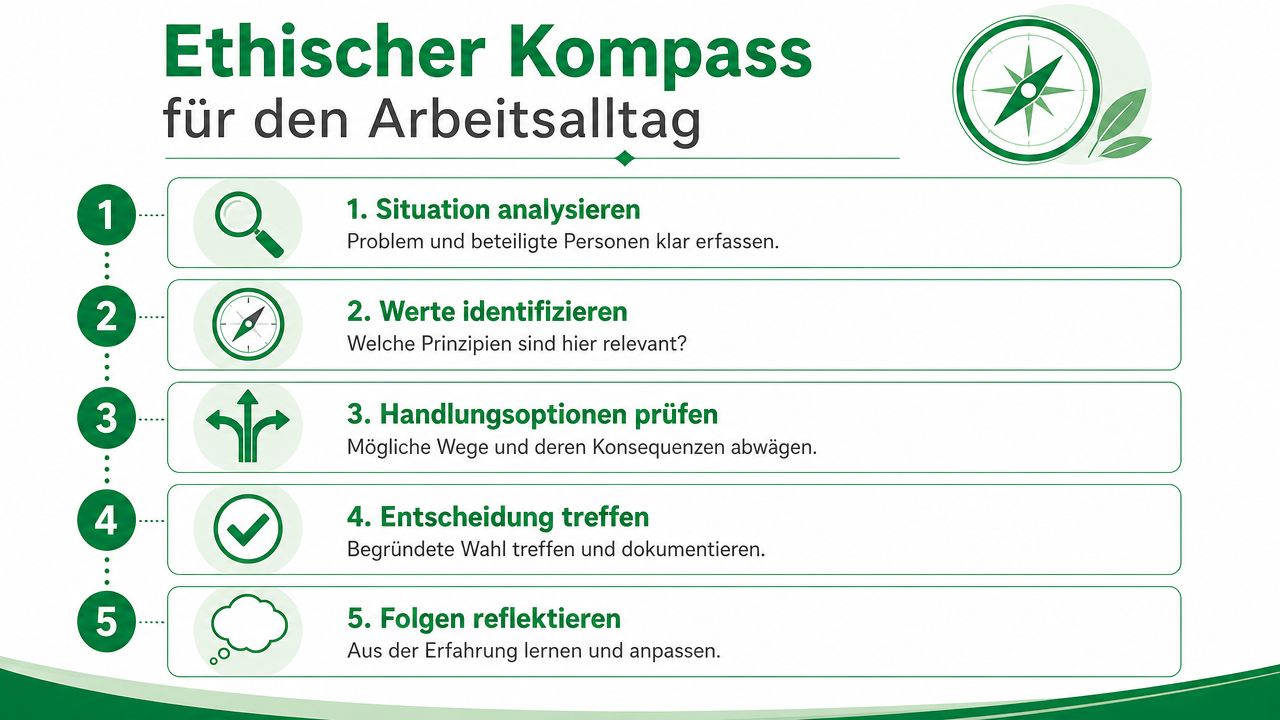 Ein grafischer ethischer Kompass mit fünf nummerierten Schritten zur Entscheidungsfindung im beruflichen Alltag.