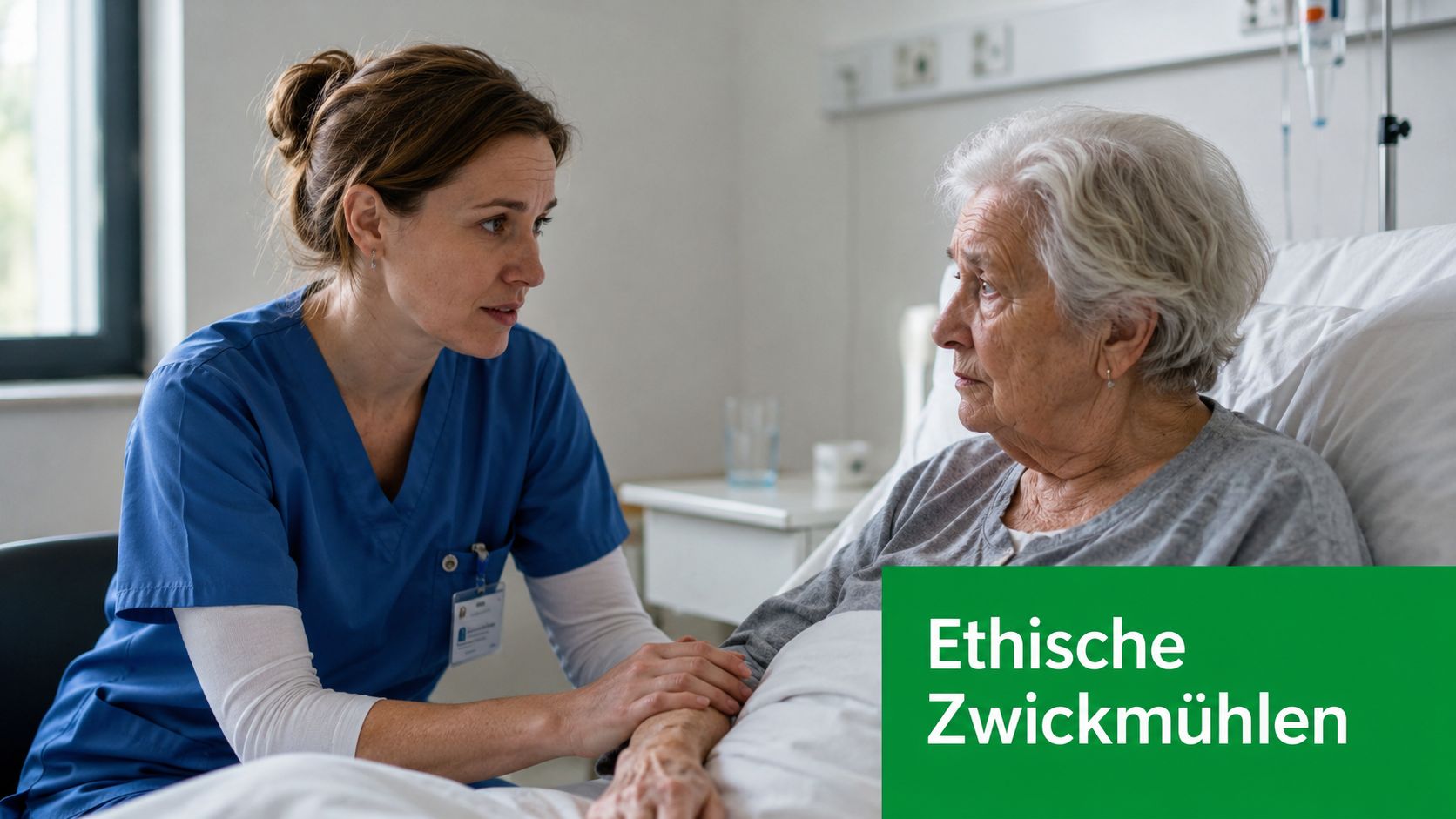 Eine Pflegerin hält tröstend die Hand einer älteren Patientin, die im Krankenhausbett liegt und aufmerksam zuhört.