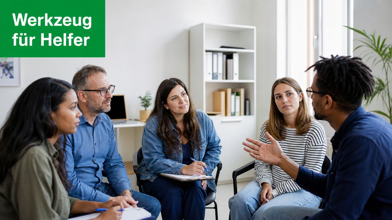 Eine vielfältige Gruppe von Menschen sitzt in einem Stuhlkreis und führt ein professionelles, unterstützendes Gespräch miteinander.