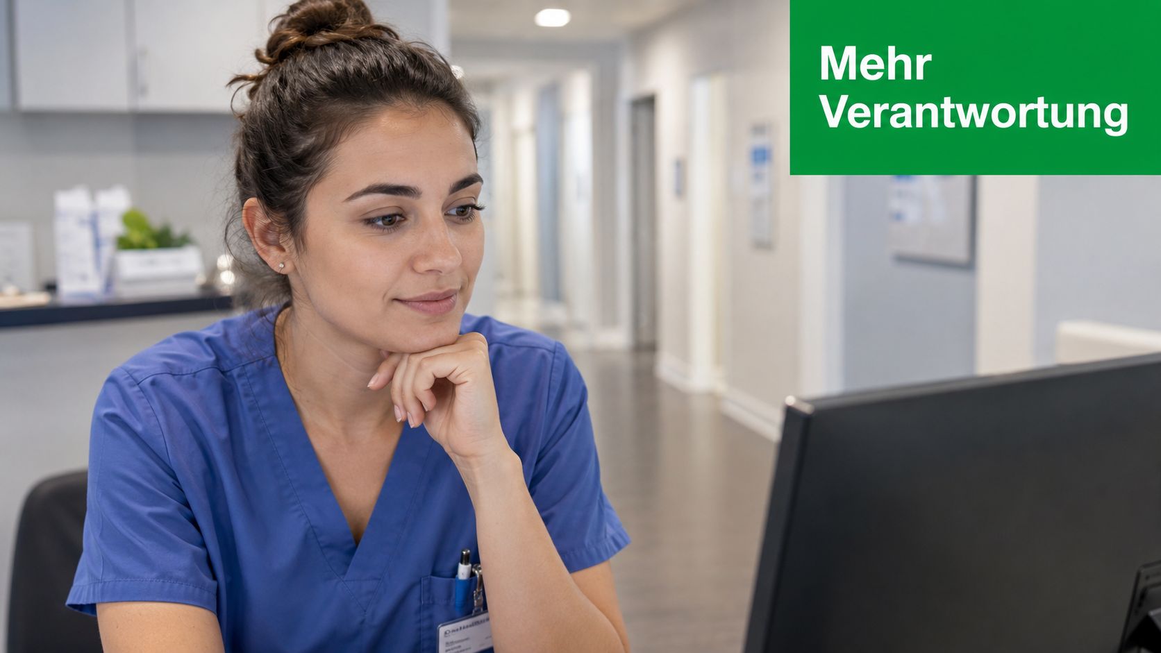 Eine junge medizinische Fachangestellte in blauer Arbeitskleidung betrachtet konzentriert einen Computerbildschirm an ihrem Arbeitsplatz in einer Arztpraxis.