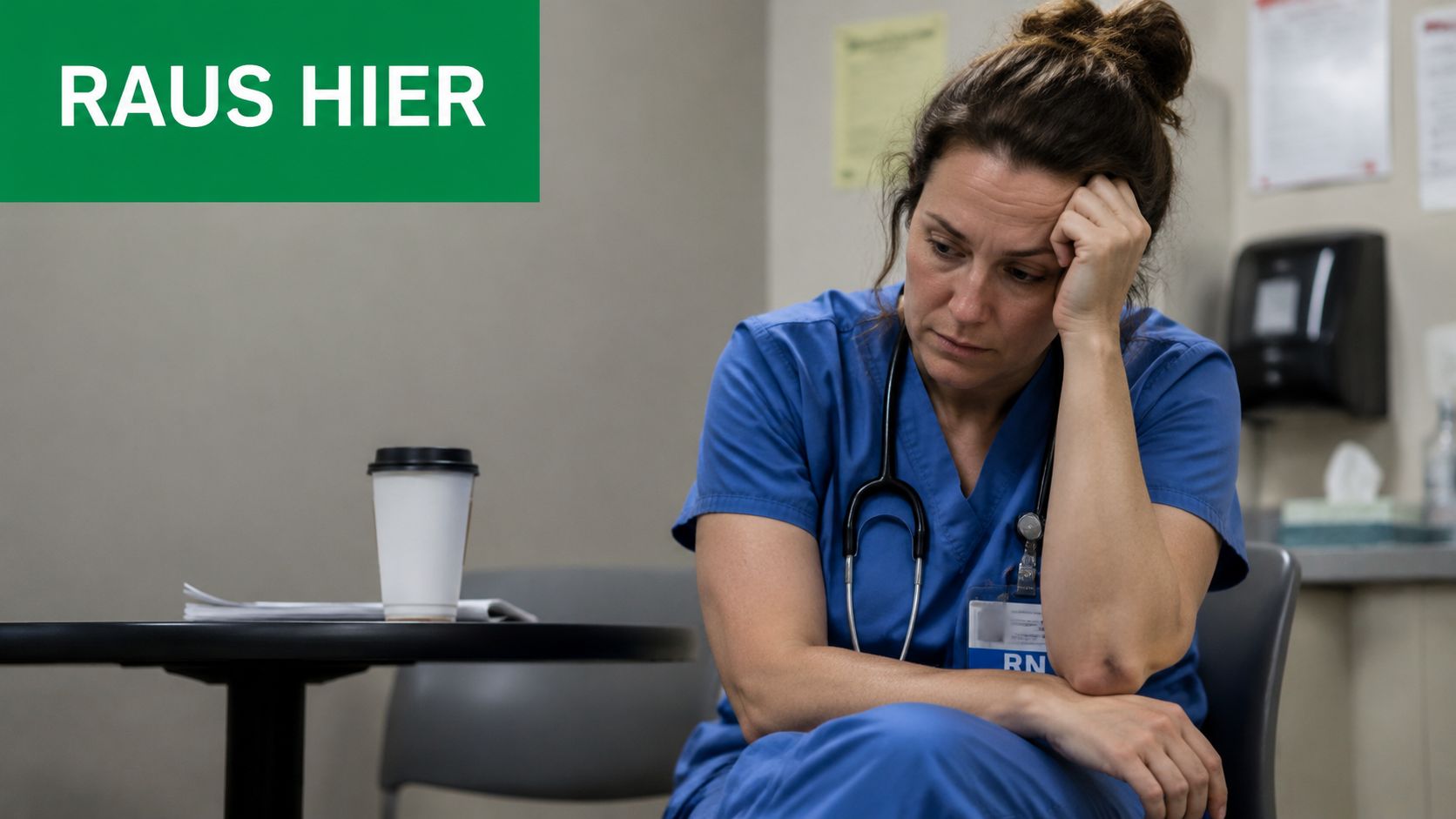Eine erschöpfte Krankenschwester sitzt nachdenklich an einem Tisch und wirkt aufgrund des hohen Arbeitsdrucks sehr frustriert.
