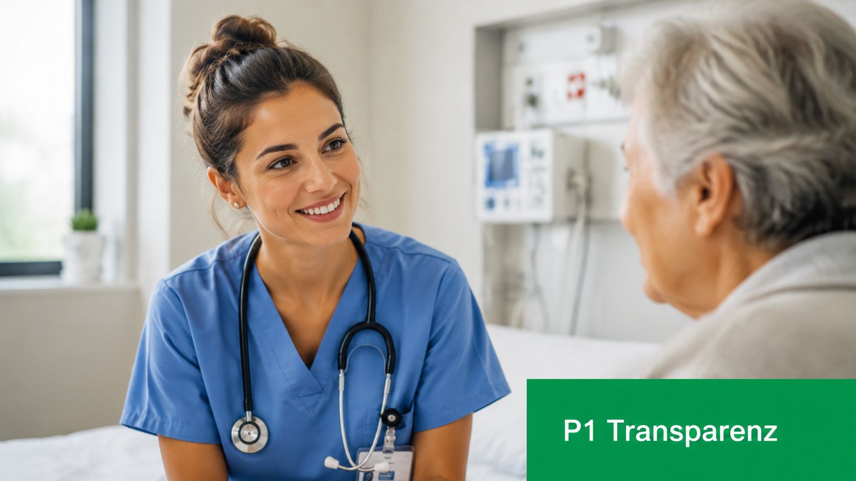 Eine freundliche Krankenschwester lächelt eine ältere Patientin in einem modernen Krankenhauszimmer an und zeigt ihr Vertrauen.
