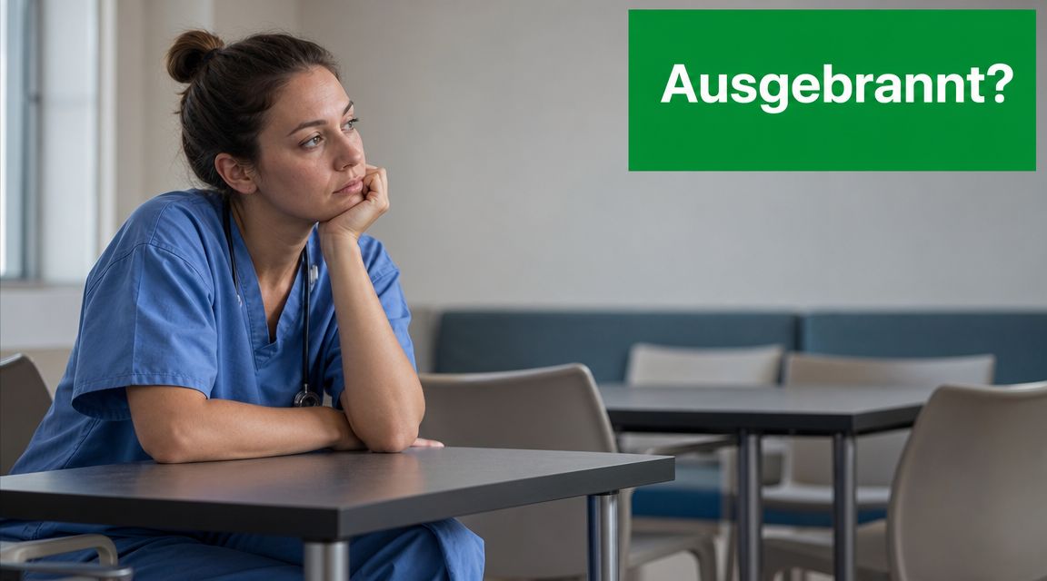 Eine erschöpfte Krankenschwester sitzt nachdenklich an einem Tisch in einem leeren Pausenraum mit der Aufschrift Ausgebrannt.