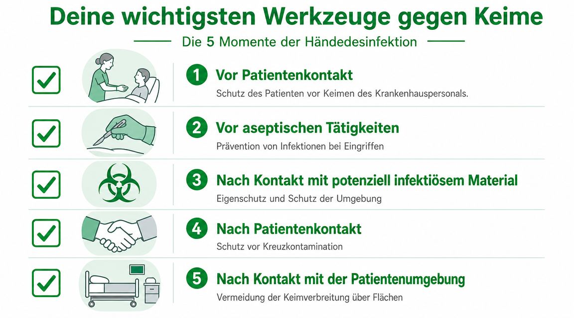 Infografik zu den 5 Momenten der Händedesinfektion zur Vermeidung von Infektionen im medizinischen Umfeld.