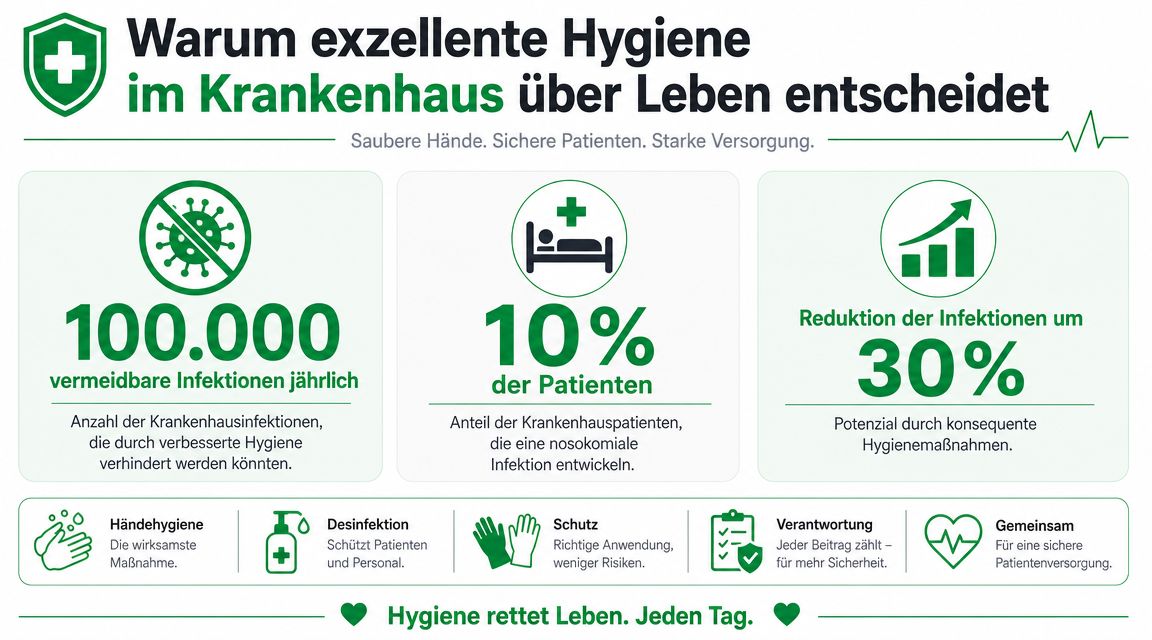 Infografik zur Bedeutung von exzellenter Hygiene im Krankenhaus für die Patientensicherheit und Infektionsprävention durch Hygienemaßnahmen.