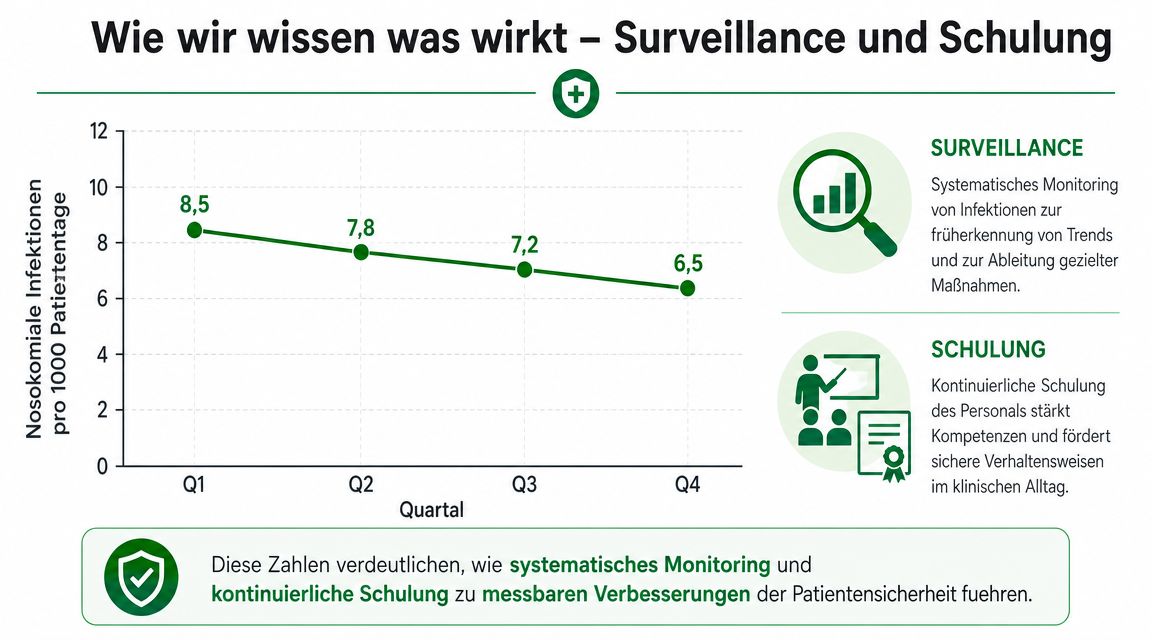 Ein Liniendiagramm zeigt den Rückgang nosokomialer Infektionen über vier Quartale durch systematisches Monitoring und kontinuierliche Personalschulungen.