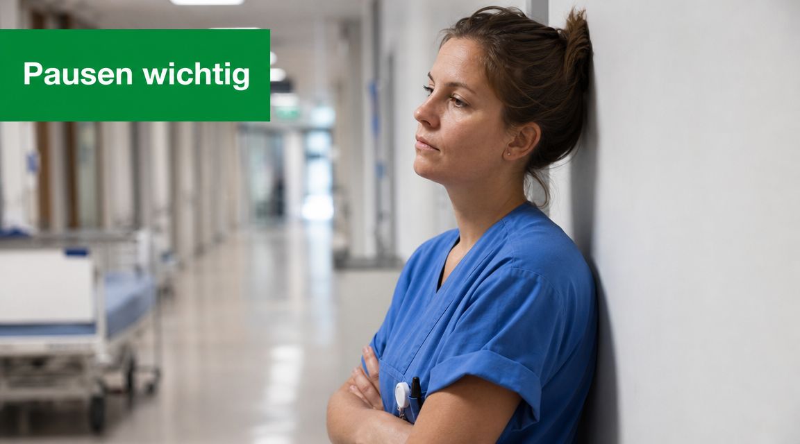 Eine erschöpfte Pflegekraft lehnt in einem Krankenhausflur an der Wand und braucht eine notwendige Arbeitspause.