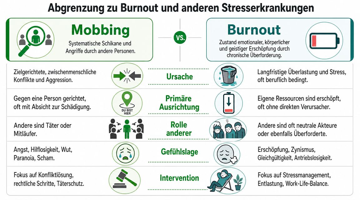 Vergleichsgrafik zwischen Mobbing und Burnout mit Fokus auf Ursachen, Rollen, Gefühlszustände und Interventionsmöglichkeiten im Arbeitsumfeld.