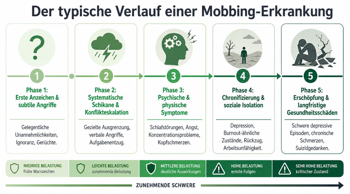 Eine Infografik zeigt die fünf Phasen der Entwicklung einer Mobbing-Erkrankung von ersten Anzeichen bis hin zu gesundheitlichen Langzeitschäden.