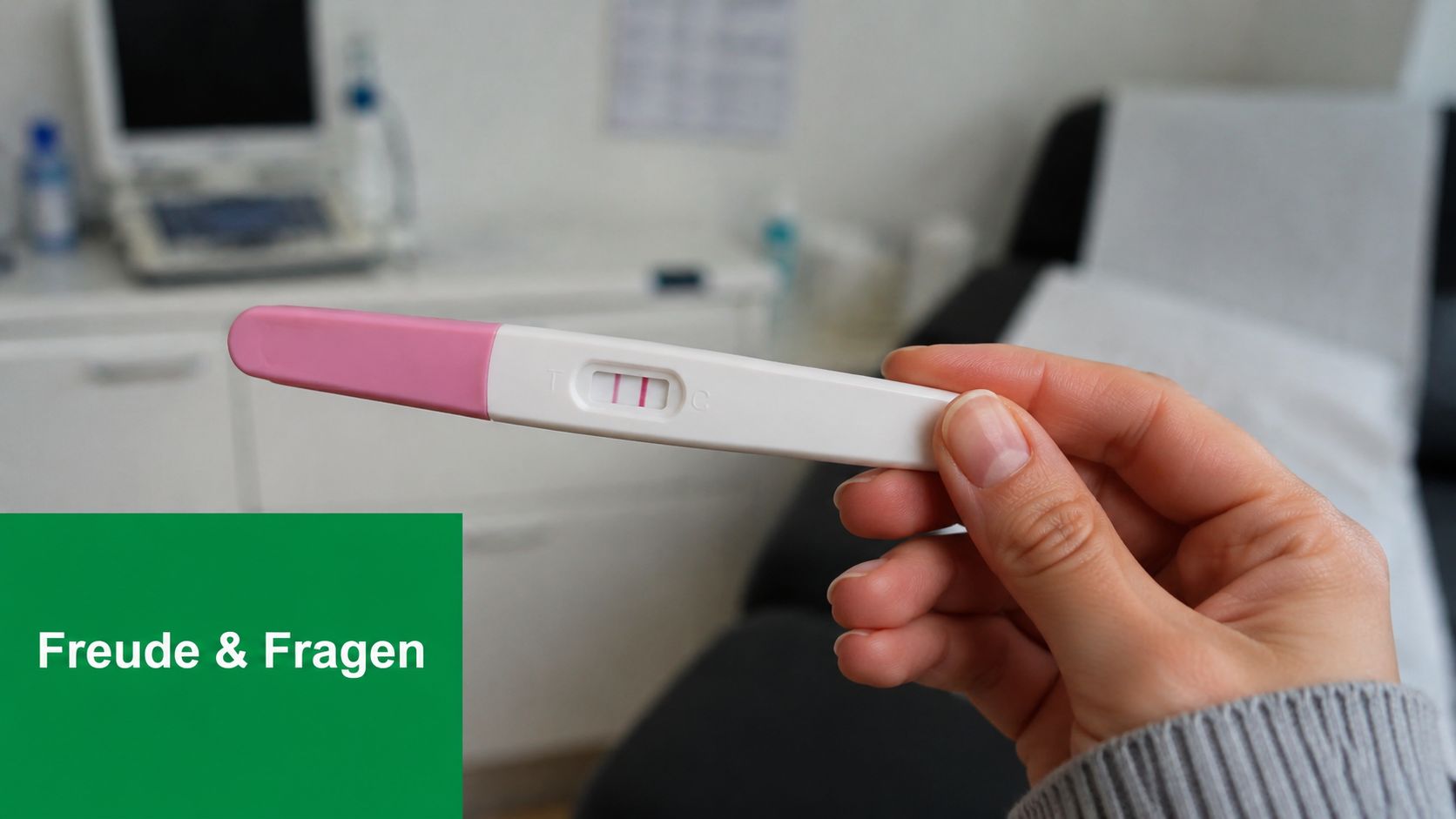 Eine Hand hält einen positiven Schwangerschaftstest in einer Praxis mit medizinischen Geräten im Hintergrund.