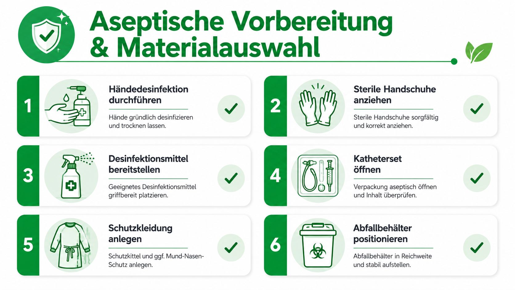 Infografik zeigt die sechs Schritte der aseptischen Vorbereitung und Materialauswahl für einen medizinischen Eingriff.