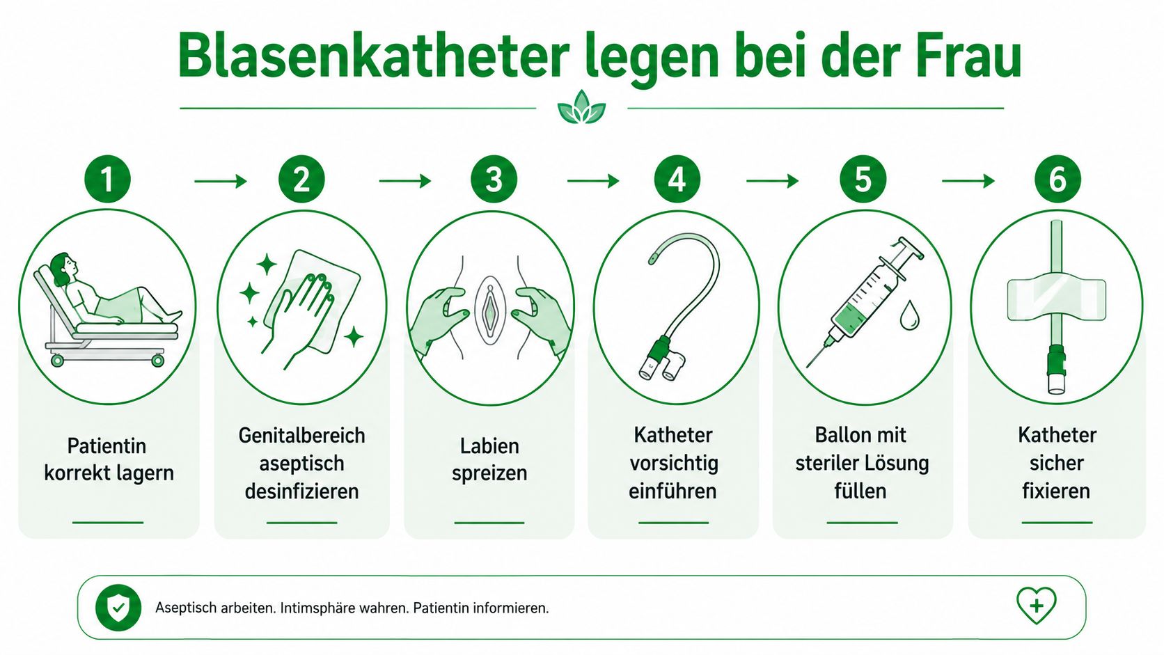 Eine sechsstufige Anleitung zur korrekten Durchführung der Katheterisierung der Harnblase bei einer weiblichen Patientin unter sterilen Bedingungen.