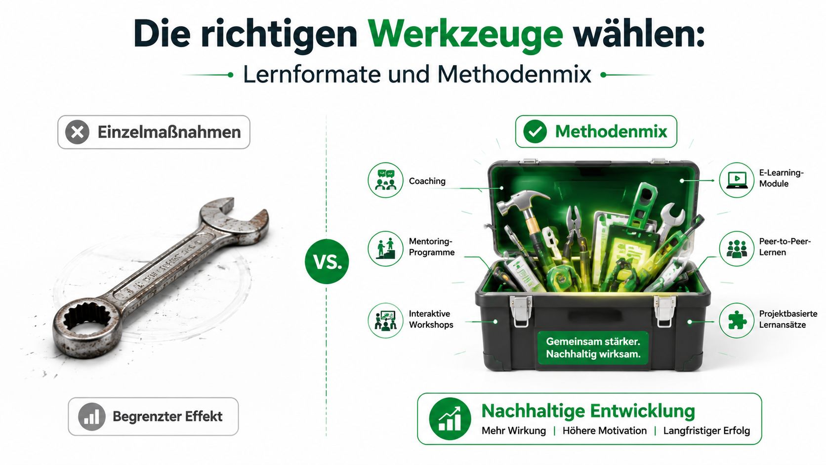 Vergleich zwischen isolierten Lernmaßnahmen und einem vielfältigen Methodenmix für effektive Personalentwicklung und nachhaltiges Lernen im Unternehmen.