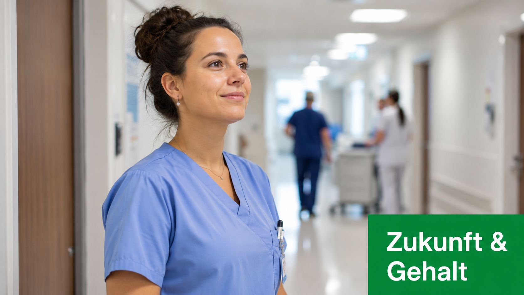 Eine lächelnde medizinische Fachangestellte in blauer Arbeitskleidung steht in einem hellen Flur eines Krankenhauses.