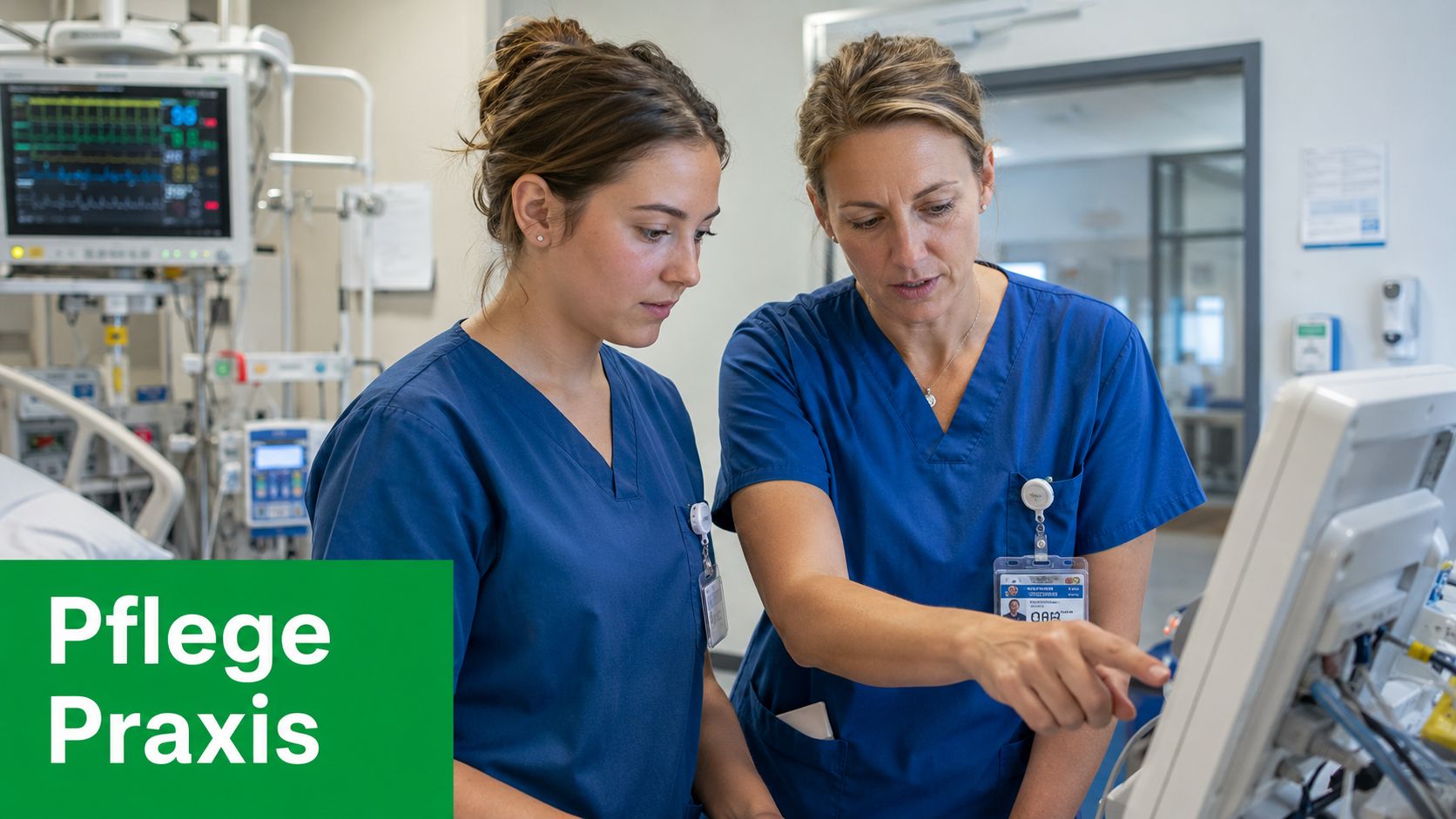 Eine erfahrene Pflegekraft betreut eine Auszubildende bei der Arbeit mit einem medizinischen Gerät im Krankenhaus.