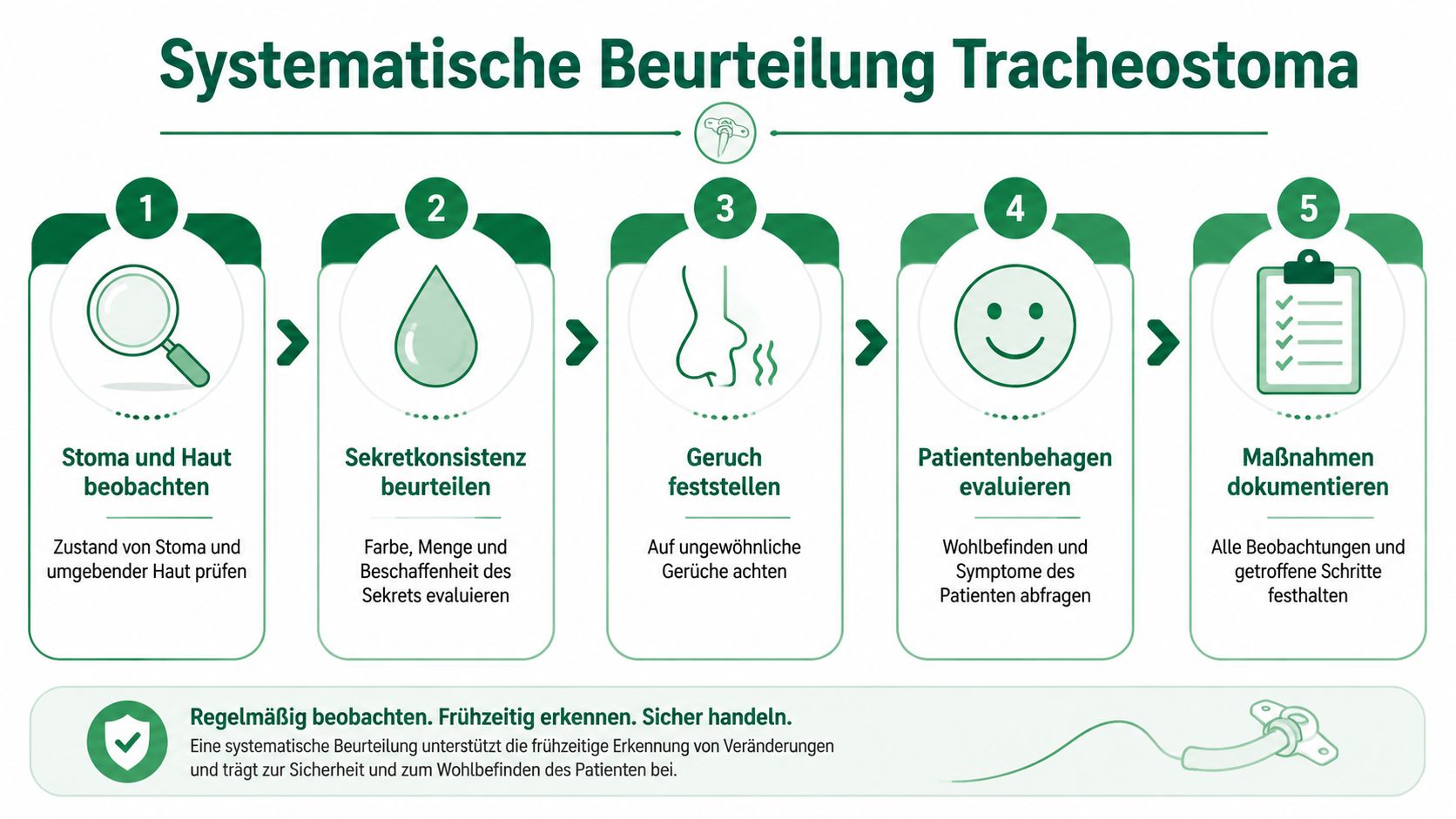 Eine Infografik zur systematischen Beurteilung eines Tracheostomas in fünf Schritten für medizinisches Personal und Pflegekräfte.