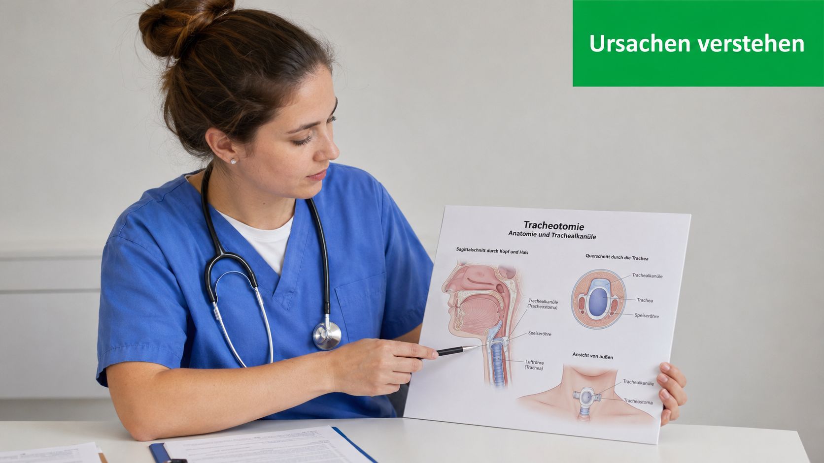 Eine medizinische Fachkraft erklärt die Anatomie einer Tracheotomie und die Platzierung einer Trachealkanüle anhand einer medizinischen Grafik.