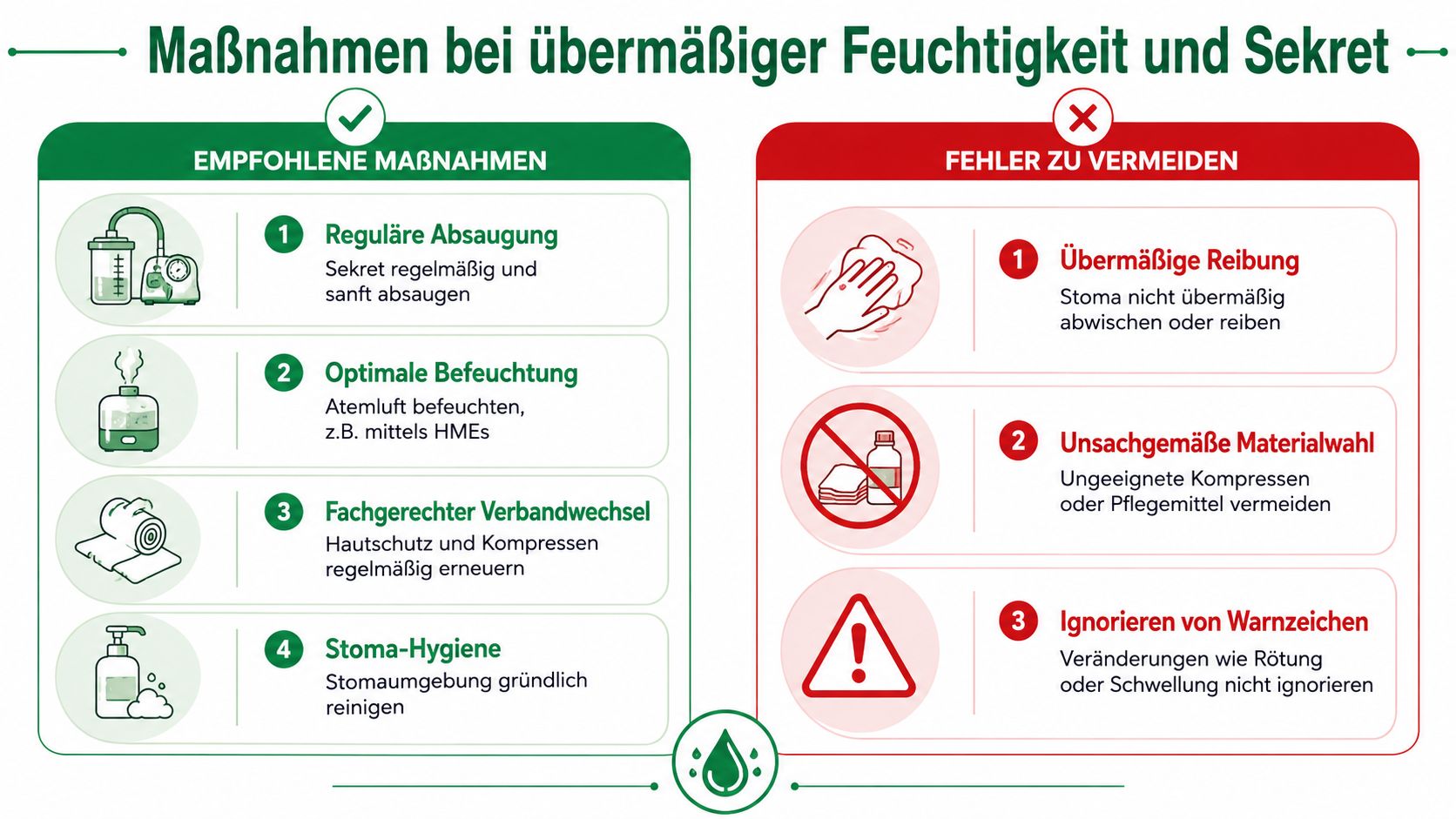 Infografik mit empfohlenen Maßnahmen und zu vermeidenden Fehlern bei übermäßiger Feuchtigkeit und Sekret am Tracheostoma.