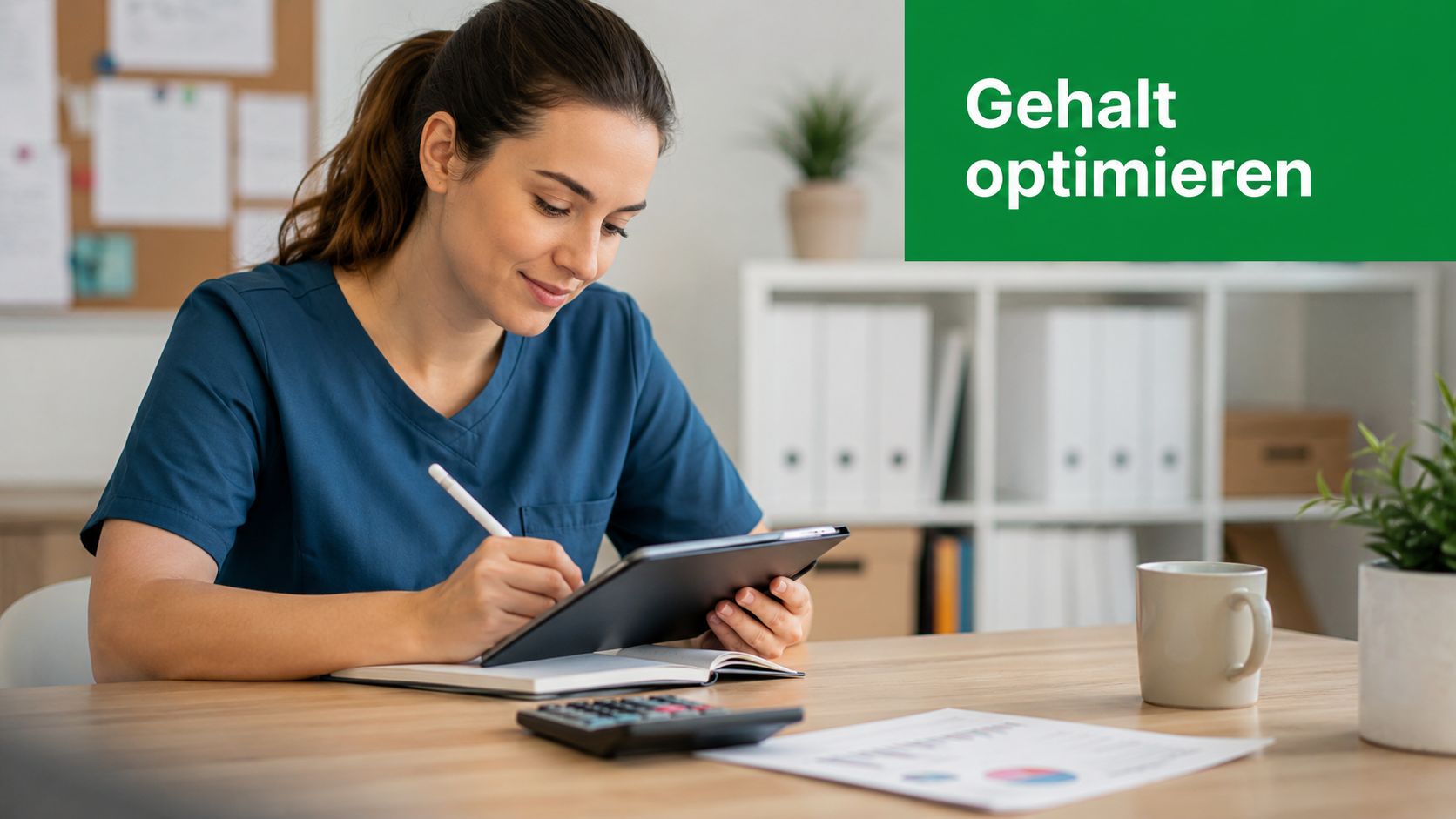 Eine junge Frau in Arbeitskleidung optimiert ihr Gehalt und macht Notizen auf ihrem Tablet am Schreibtisch.