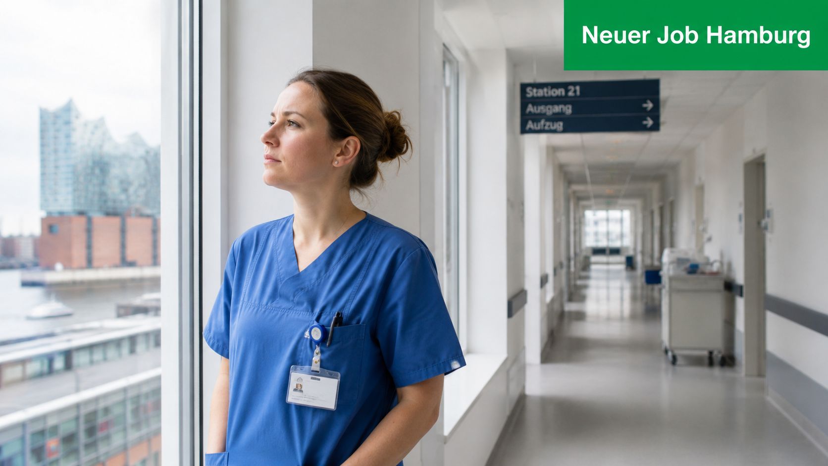 Eine Krankenschwester in blauer Arbeitskleidung schaut nachdenklich aus einem Krankenhausfenster mit Blick auf die Hamburger Elbphilharmonie.