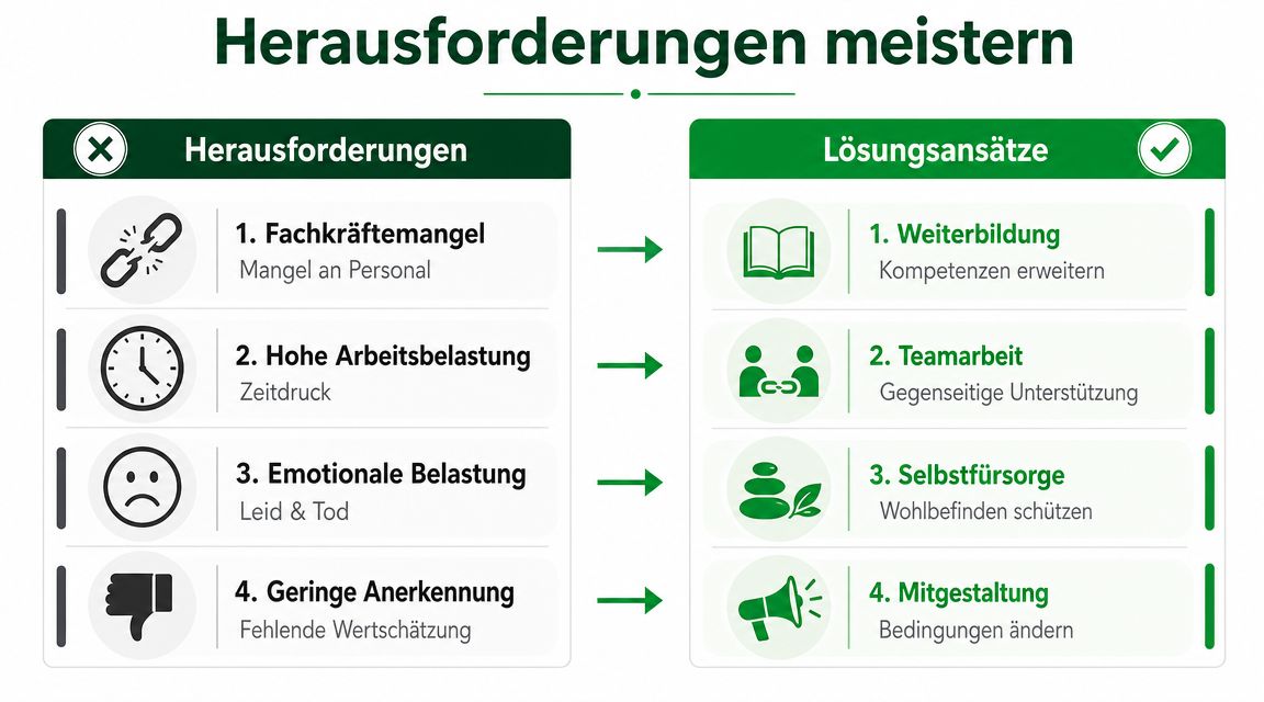 Eine Übersichtsgrafik stellt pflegerische Herausforderungen den entsprechenden Lösungsansätzen gegenüber, um Belastungen im Arbeitsalltag effektiv zu bewältigen.