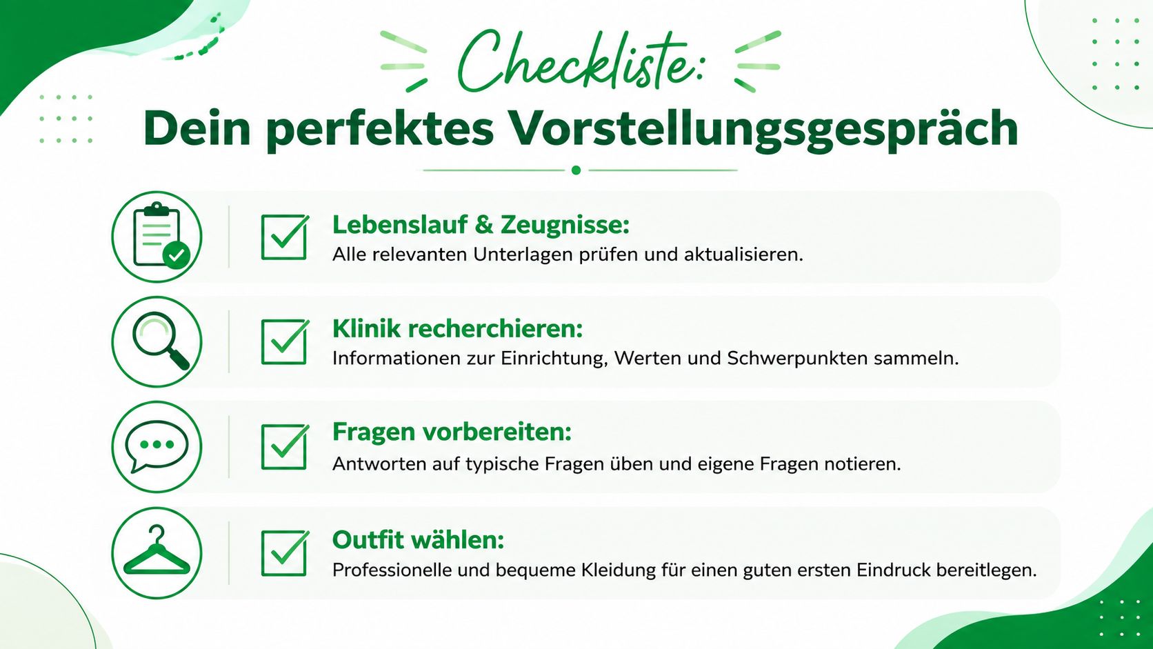 Eine Checkliste für das perfekte Vorstellungsgespräch für Pflegekräfte mit Tipps zu Unterlagen, Recherche, Fragen und Outfit.