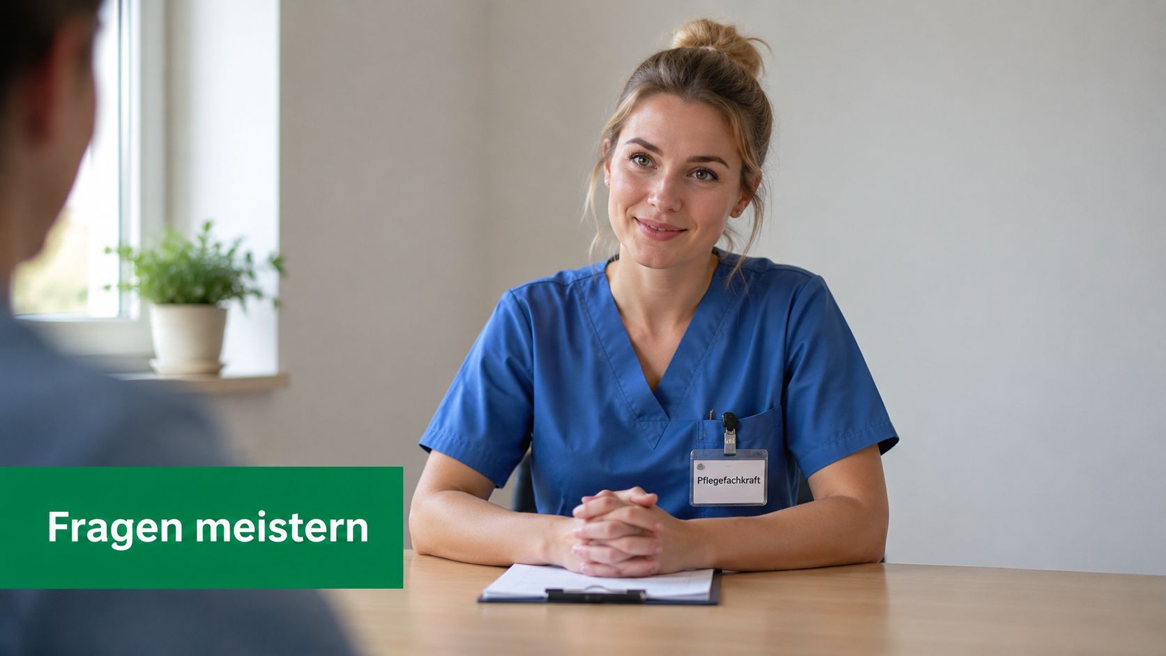 Eine freundliche Pflegefachkraft in blauer Arbeitskleidung sitzt an einem Tisch und führt ein professionelles Gespräch.