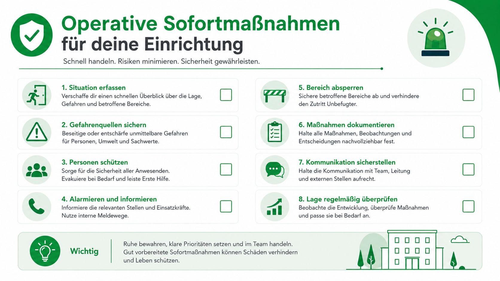 Eine Infografik mit acht operativen Sofortmaßnahmen für Einrichtungen, um Sicherheit bei Krisen schnell und effektiv zu gewährleisten.
