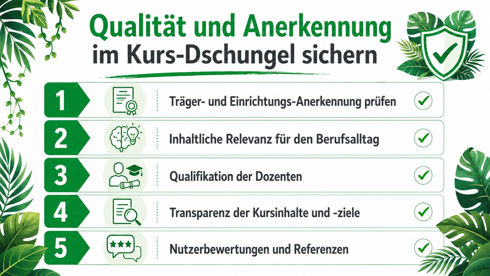 Infografik mit fünf Tipps zur Überprüfung der Qualität und Anerkennung von Fortbildungskursen für pädagogische Fachkräfte.