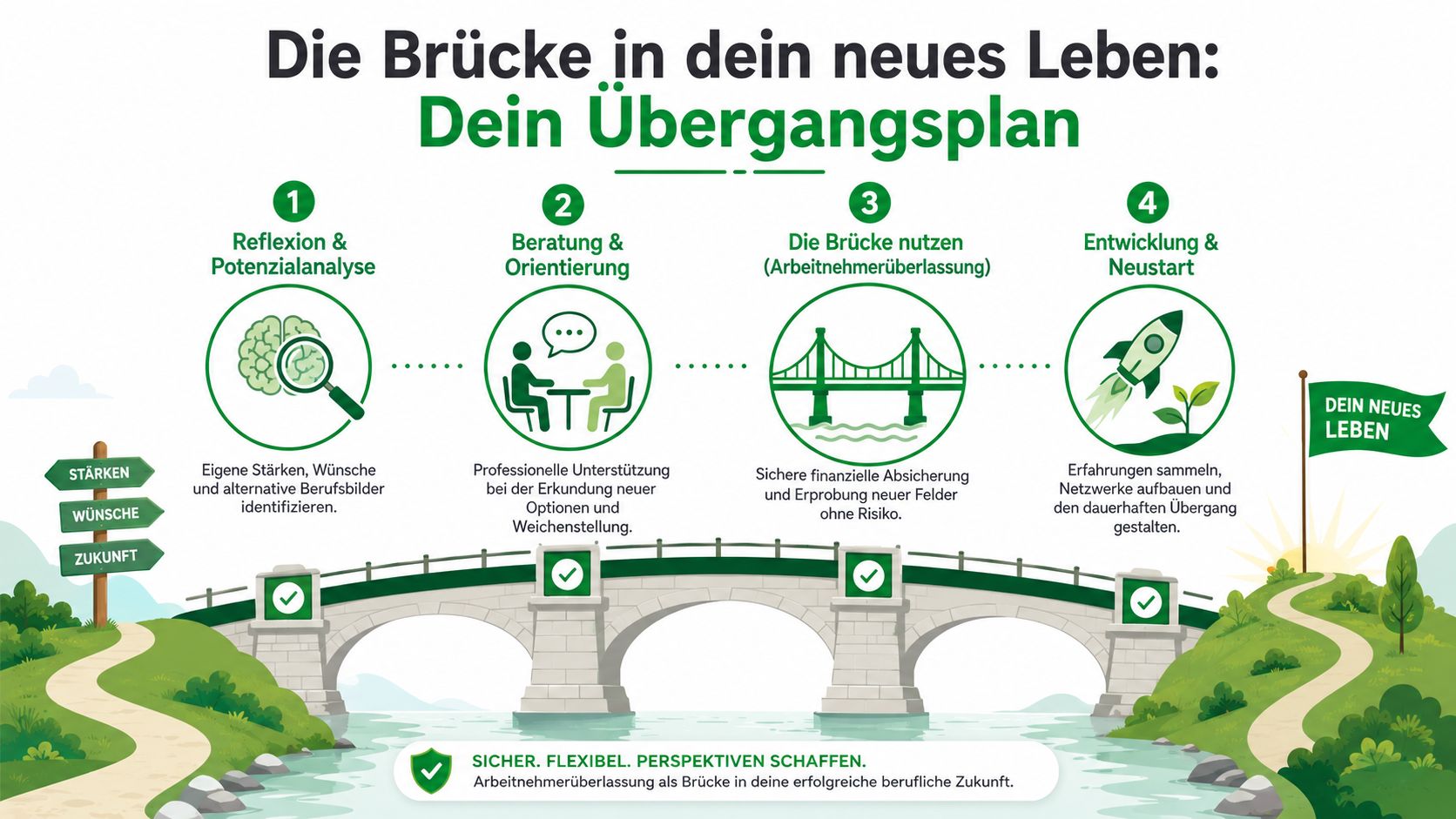Eine Infografik zeigt einen vierstufigen Übergangsplan für die berufliche Neuorientierung mithilfe einer Brücke in ein neues Leben.