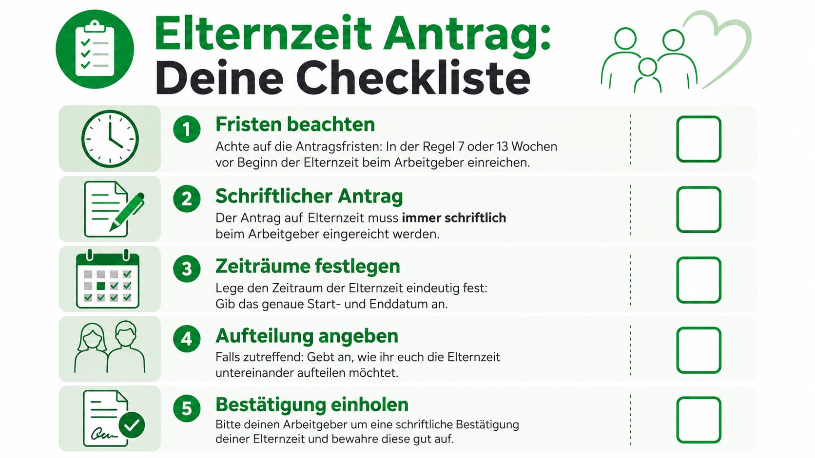 Eine grüne Checkliste für die Beantragung von Elternzeit mit fünf wichtigen Schritten für werdende Eltern.
