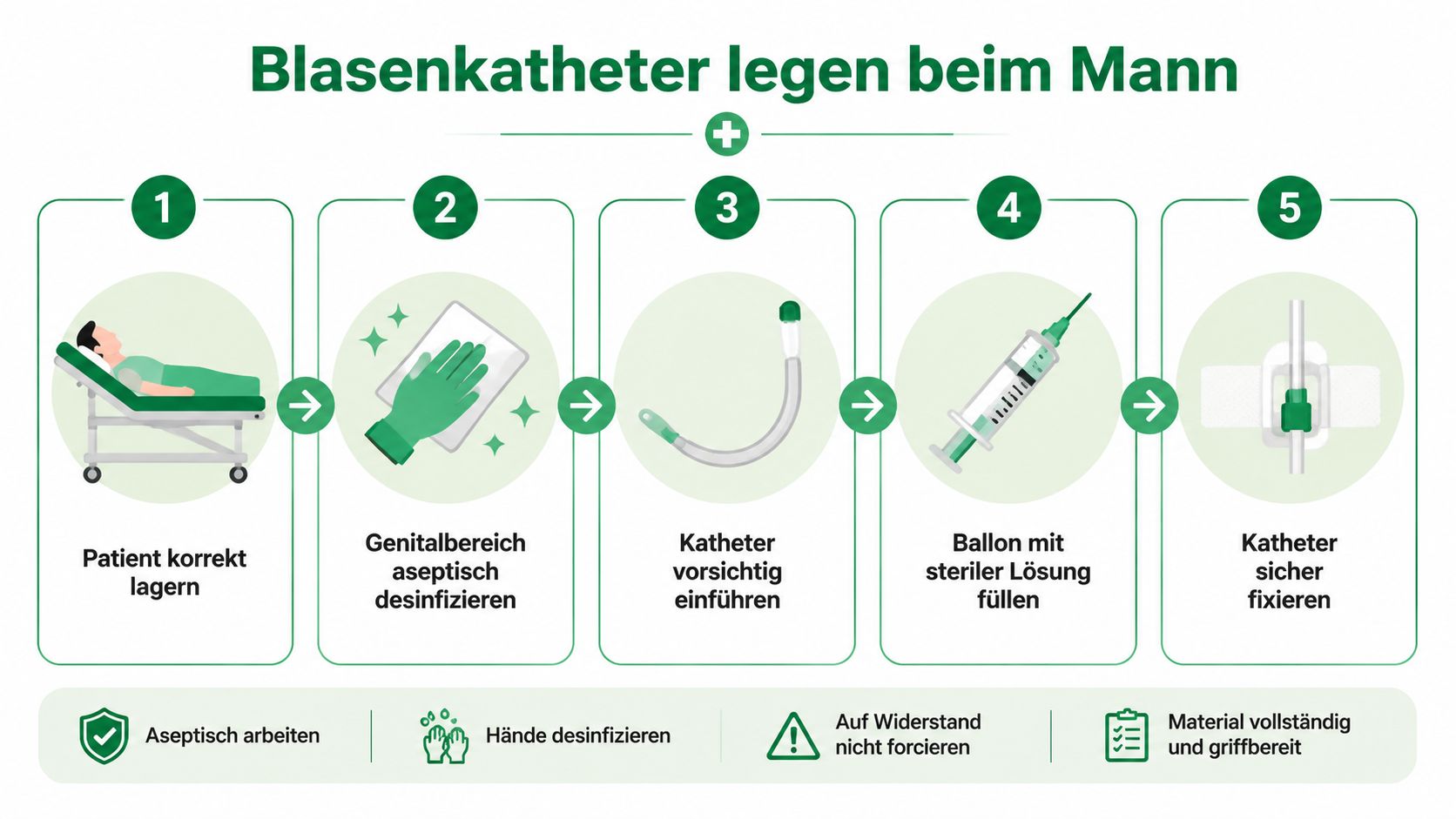 Eine Infografik mit fünf Schritten zum korrekten Legen eines Blasenkatheters beim Mann unter aseptischen Bedingungen.