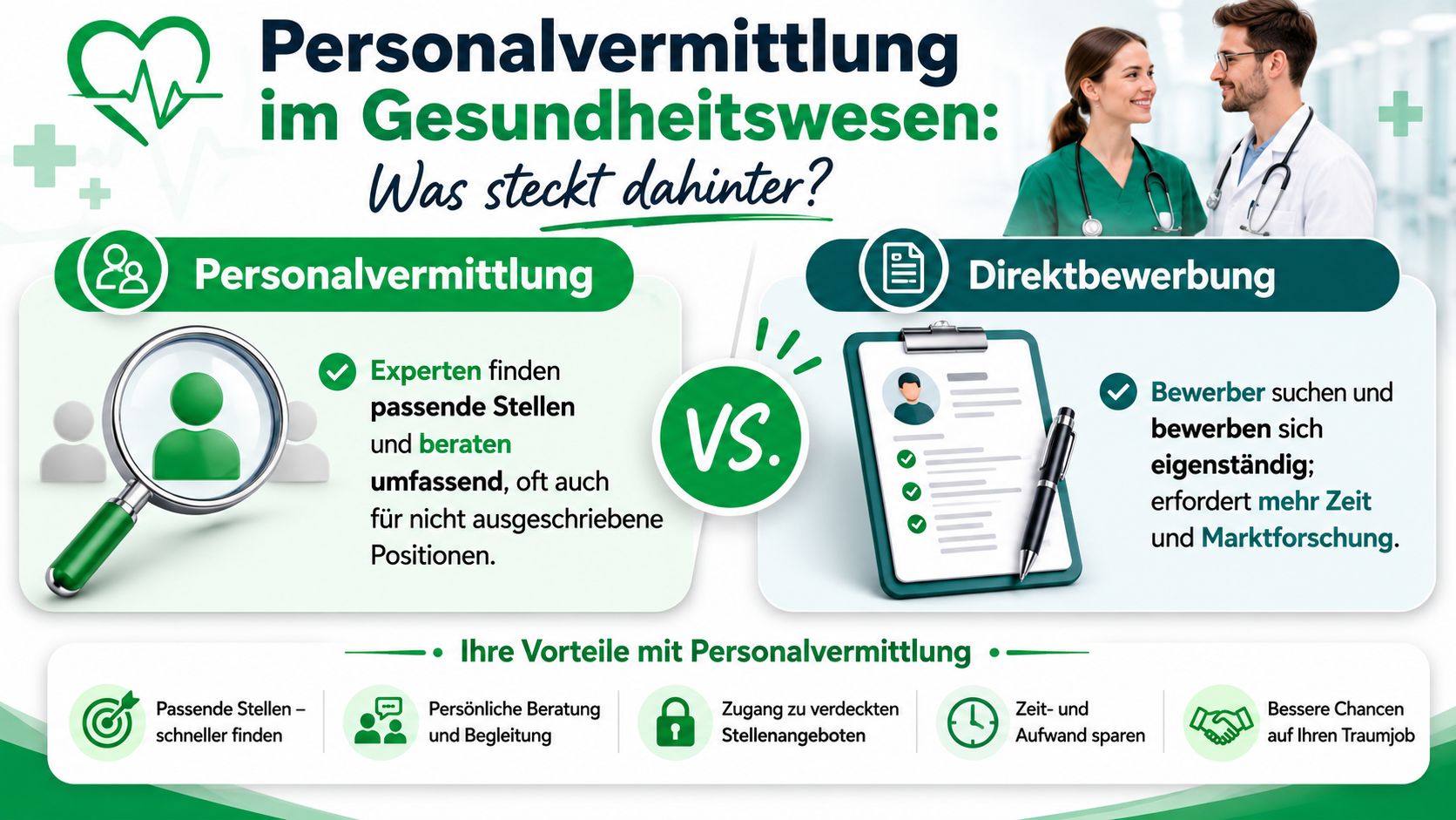 Vergleichsgrafik zwischen Personalvermittlung und Direktbewerbung für medizinisches Personal mit Vorteilen der Personalvermittlung.