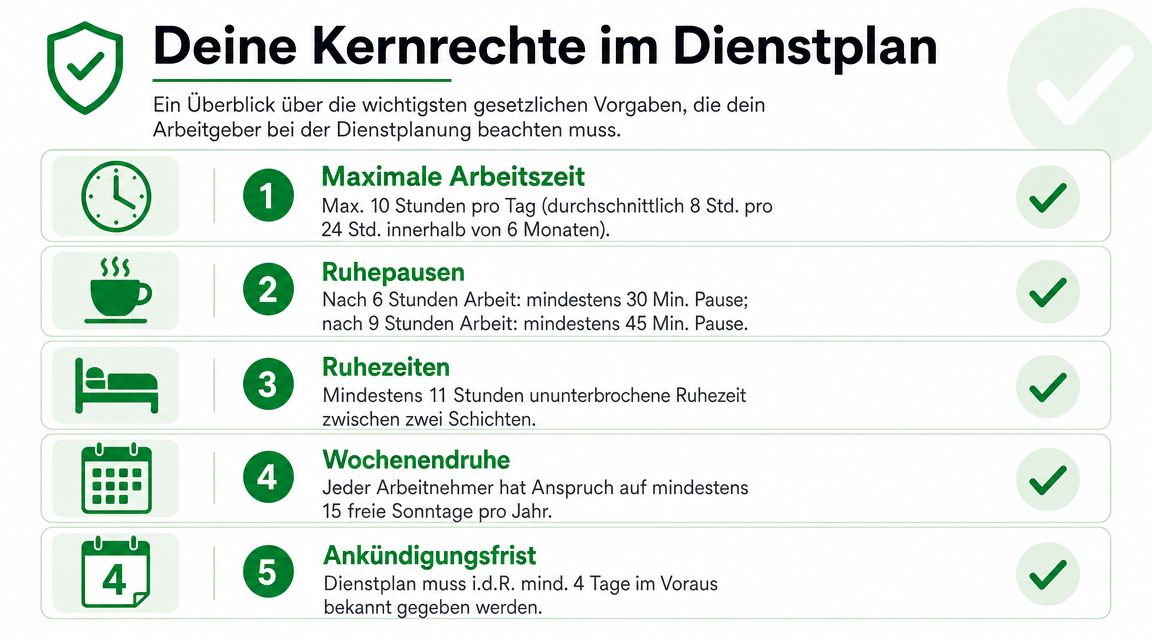 Eine Infografik mit fünf grundlegenden gesetzlichen Rechten von Arbeitnehmern bezüglich ihrer Arbeitszeitgestaltung und Dienstplanung in Deutschland.
