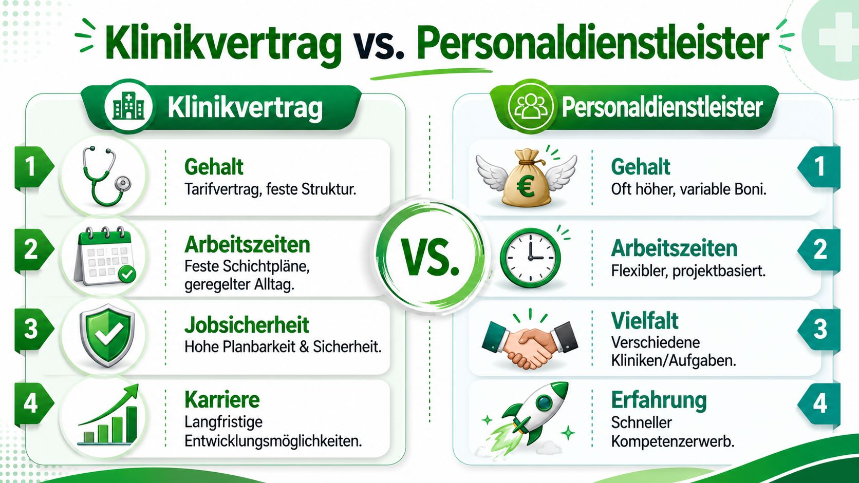 Vergleich zwischen Klinikvertrag und Personalvermittlung für medizinisches Personal mit Gegenüberstellung von Gehalt, Arbeitszeit, Sicherheit und beruflicher Entwicklung.