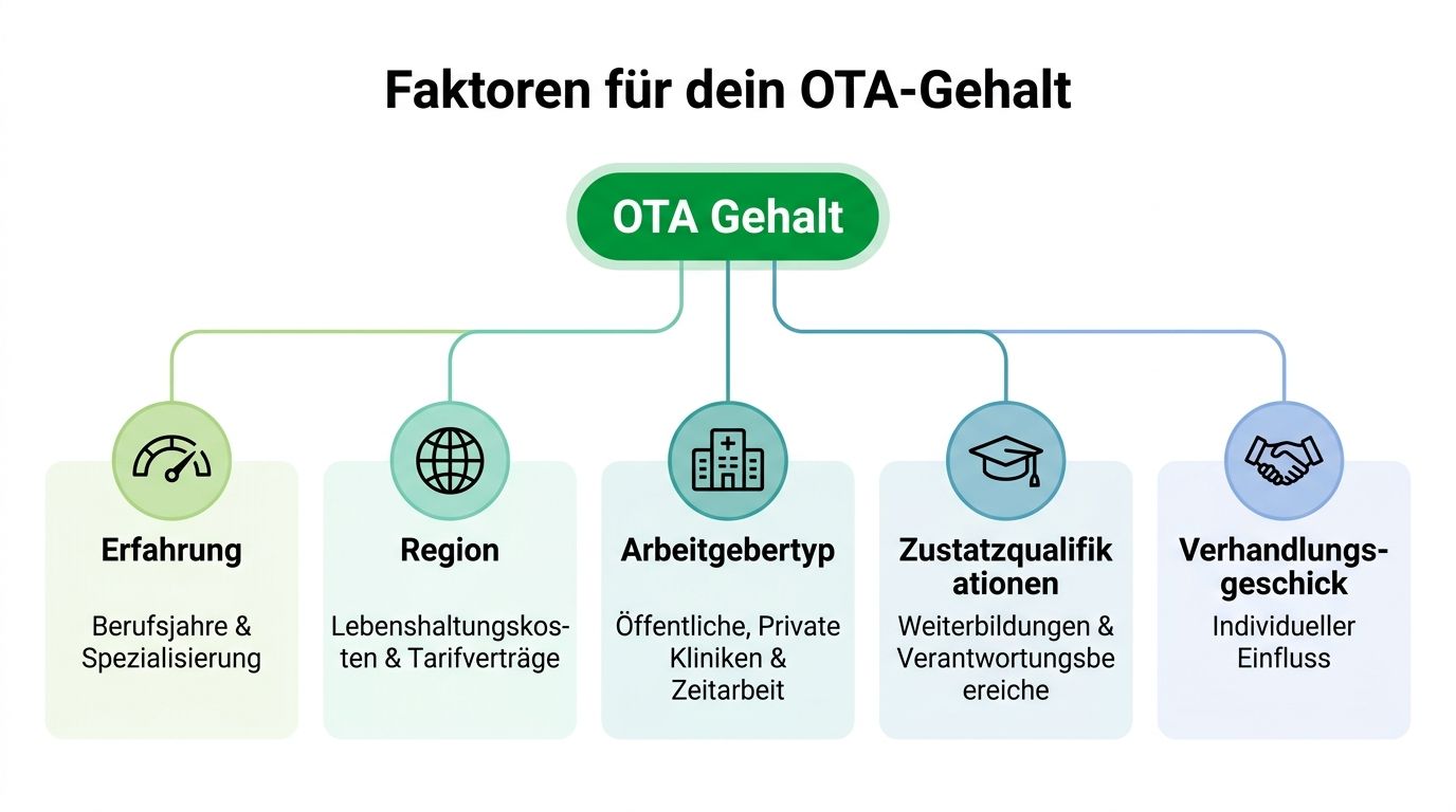 Infografik über die fünf wichtigsten Faktoren, die das Gehalt einer Operationstechnischen Assistentin oder eines Assistenten beeinflussen.