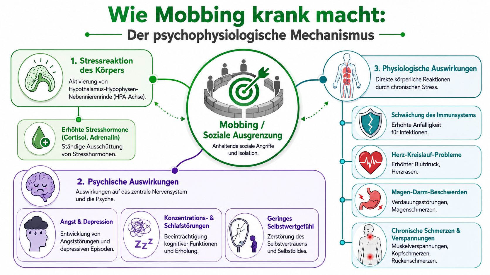 Infografik zum Thema psychophysiologische Mechanismen und gesundheitliche Auswirkungen von Mobbing und sozialer Ausgrenzung auf den menschlichen Körper.