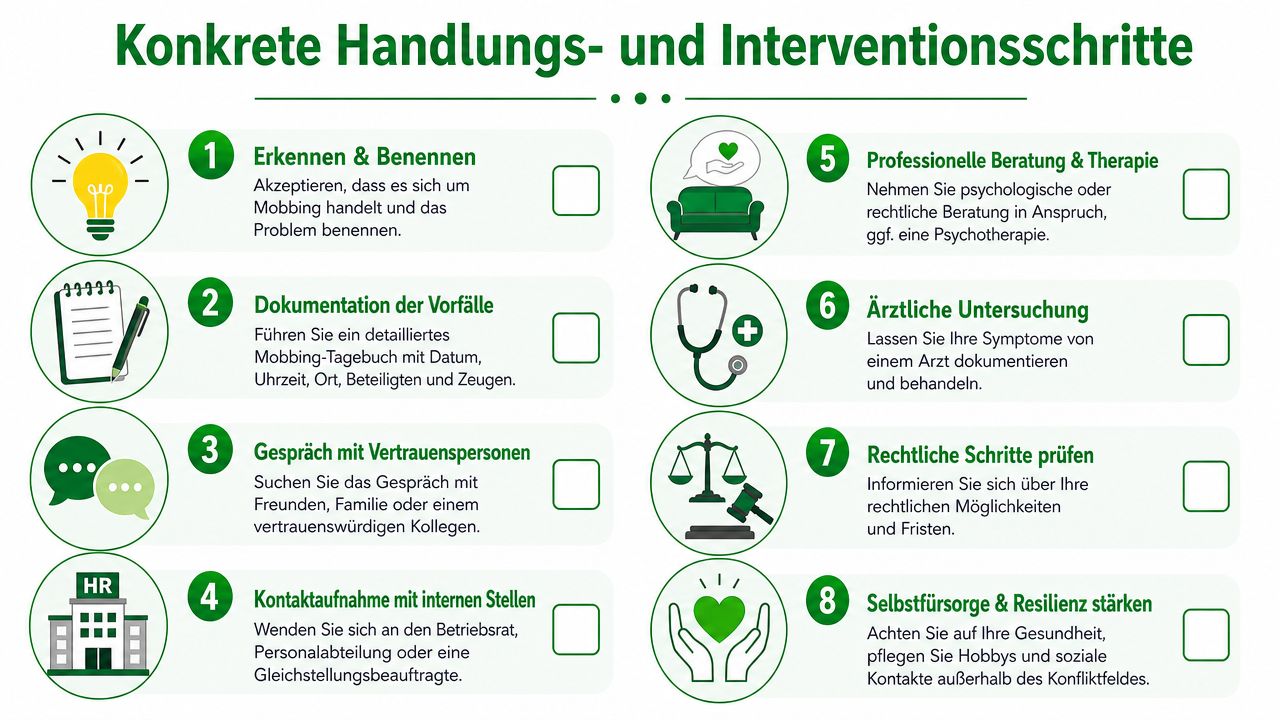 Eine Infografik mit acht konkreten Schritten zur Bewältigung von Mobbing am Arbeitsplatz, illustriert mit klaren Symbolen.